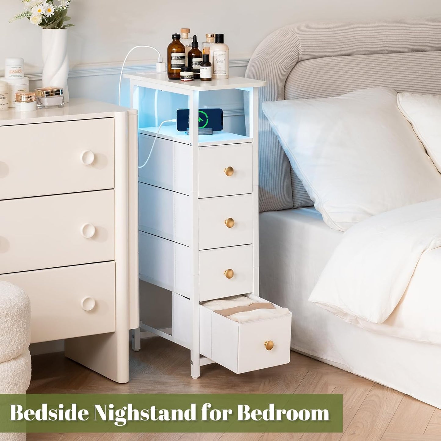 Narrow Dresser for Bedroom, LED Slim Nightstand with Charging Station, Small Dressers Chest of Drawers, Narrow Side Table End Table Tall Skinny Cabinet Night Stand for Small Spaces, White