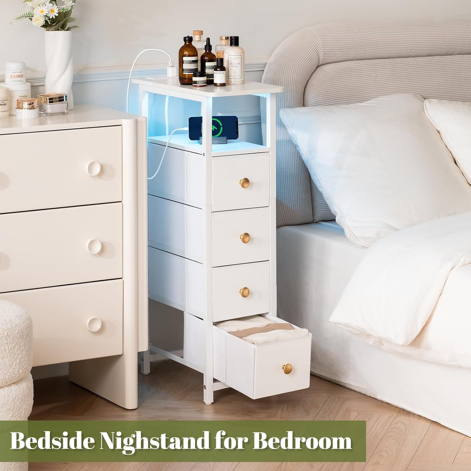Narrow Dresser for Bedroom, LED Slim Nightstand with Charging Station, Small Dressers Chest of Drawers, Narrow Side Table End Table Tall Skinny Cabinet Night Stand for Small Spaces, White