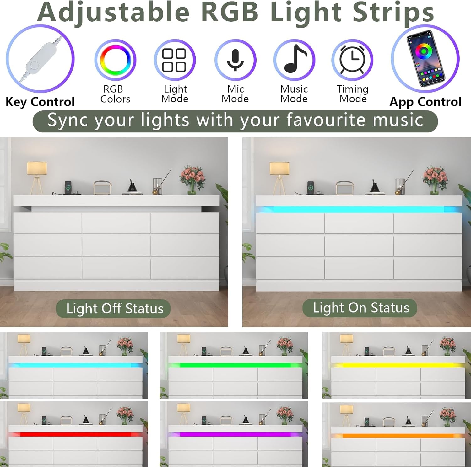 9 Drawer Dresser with Power Outlet, Dresser with LED Light, Modern Chest of Drawers for Closet, Double Wide Drawer Organizer Cabinet for Bedroom, Living Room (White, 9 Drawers)