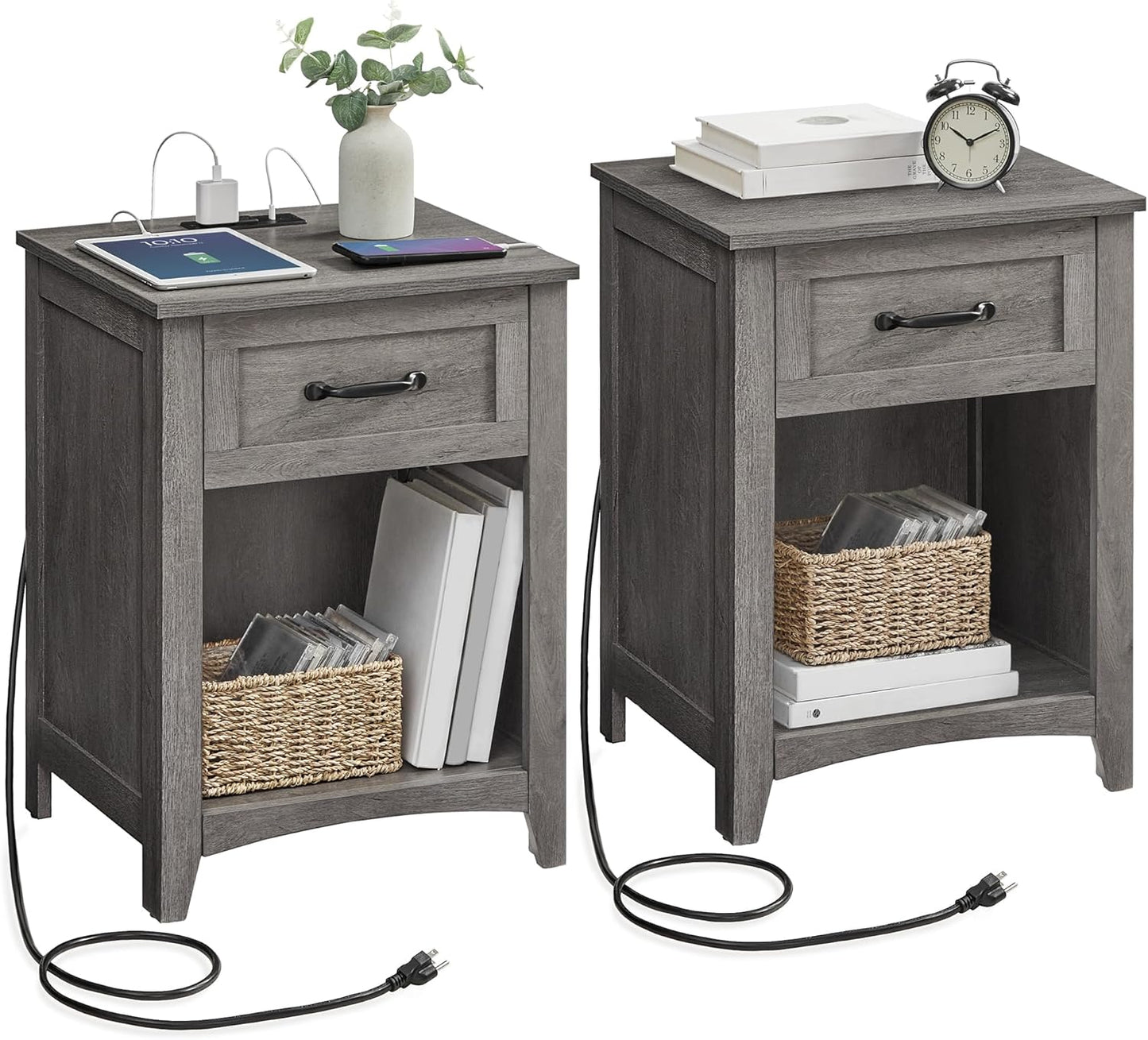 LIRY Collection - Farmhouse Nightstands with Charging Station, Set of 2 Bedside Tables, Side Tables with Drawer, Open Compartment, for Bedroom, Misty Gray ULET859G01