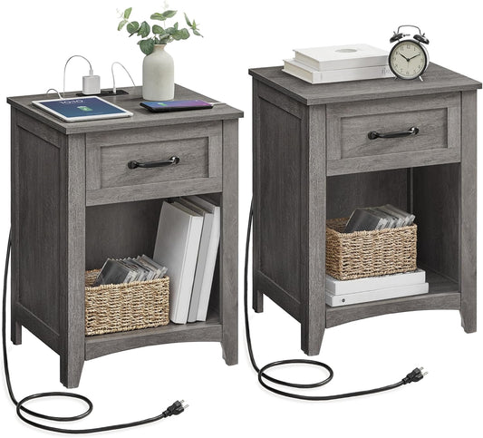 LIRY Collection - Farmhouse Nightstands with Charging Station, Set of 2 Bedside Tables, Side Tables with Drawer, Open Compartment, for Bedroom, Misty Gray ULET859G01