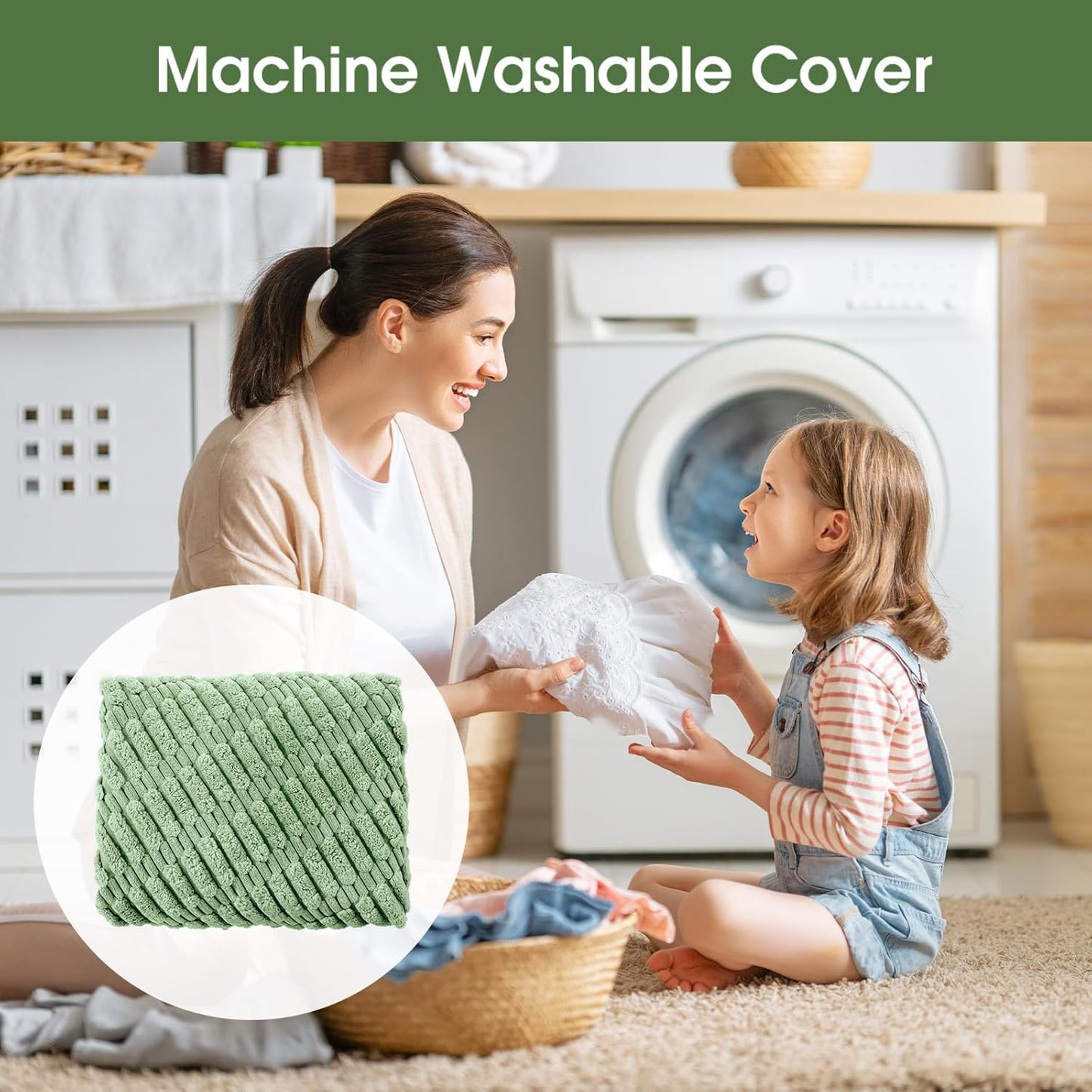 Unstuffed Ottoman Pouf Cover,Round Faux Fur Foot Stool, Fuzzy Chair, Floor Bean Bag(No Filler),Foot Rest with Storage for Living Room, Bedroom, Office, Striped Tufted (Sage Green)