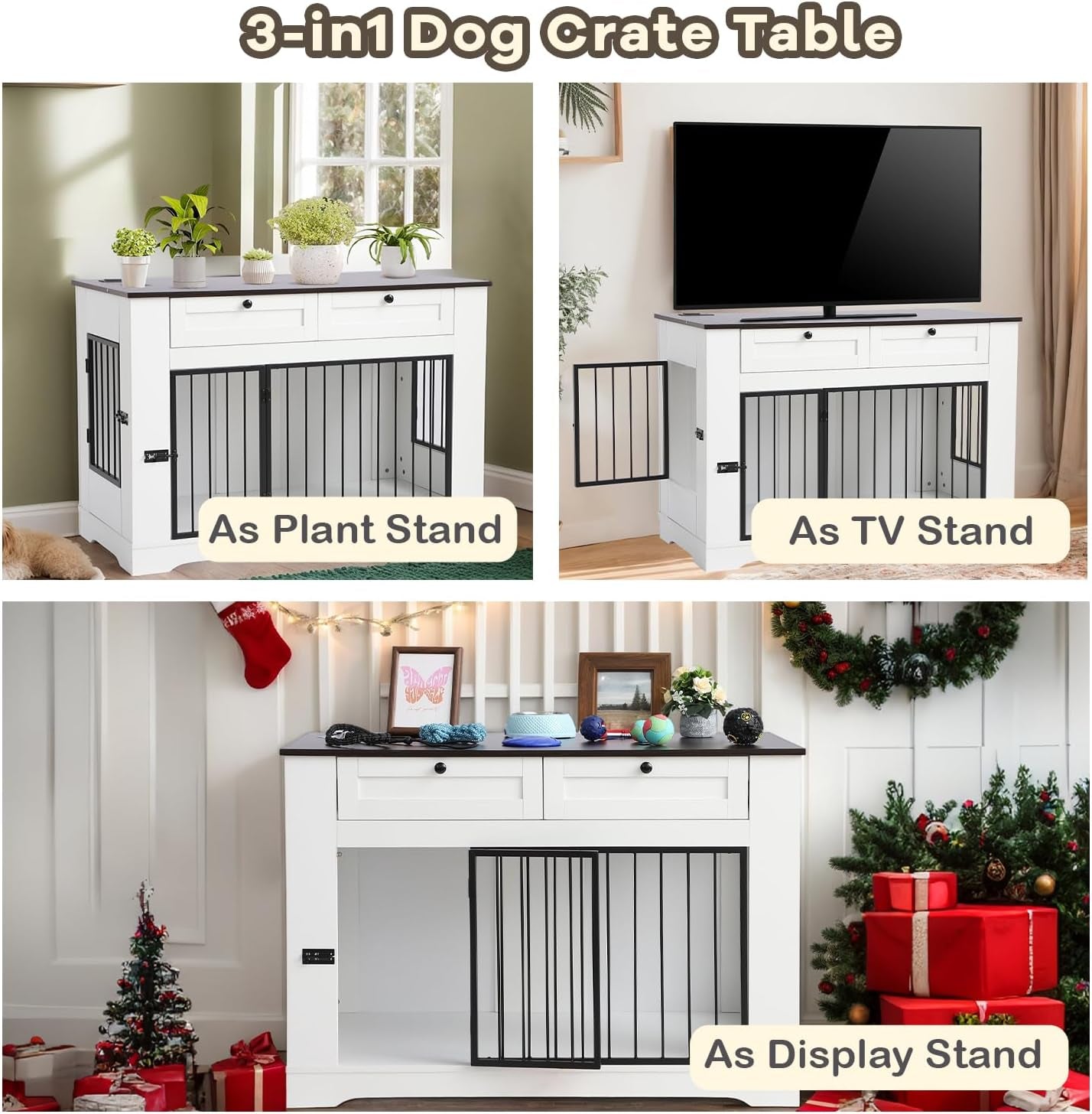 Dog Crate Furniture TV Stand with Charging Station-47.24" Heavy Duty Dog Kennel Furniture Tv Table with 2 Drawers Storage,Indoor TV Stand for Small Medium Dogs,For Bedroom Living Room (White, 1.8M)