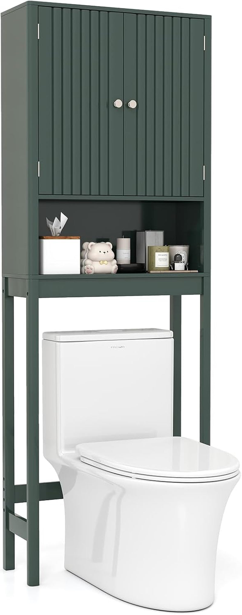 over the Toilet Storage Cabinet, Bathroom Organizer W/Fluted Doors, Adjustable Shelf&Bottom Bar, Open Storage Cube, Space-Saving above Toilet Storage Cabinet for Laundry (Forest Green)