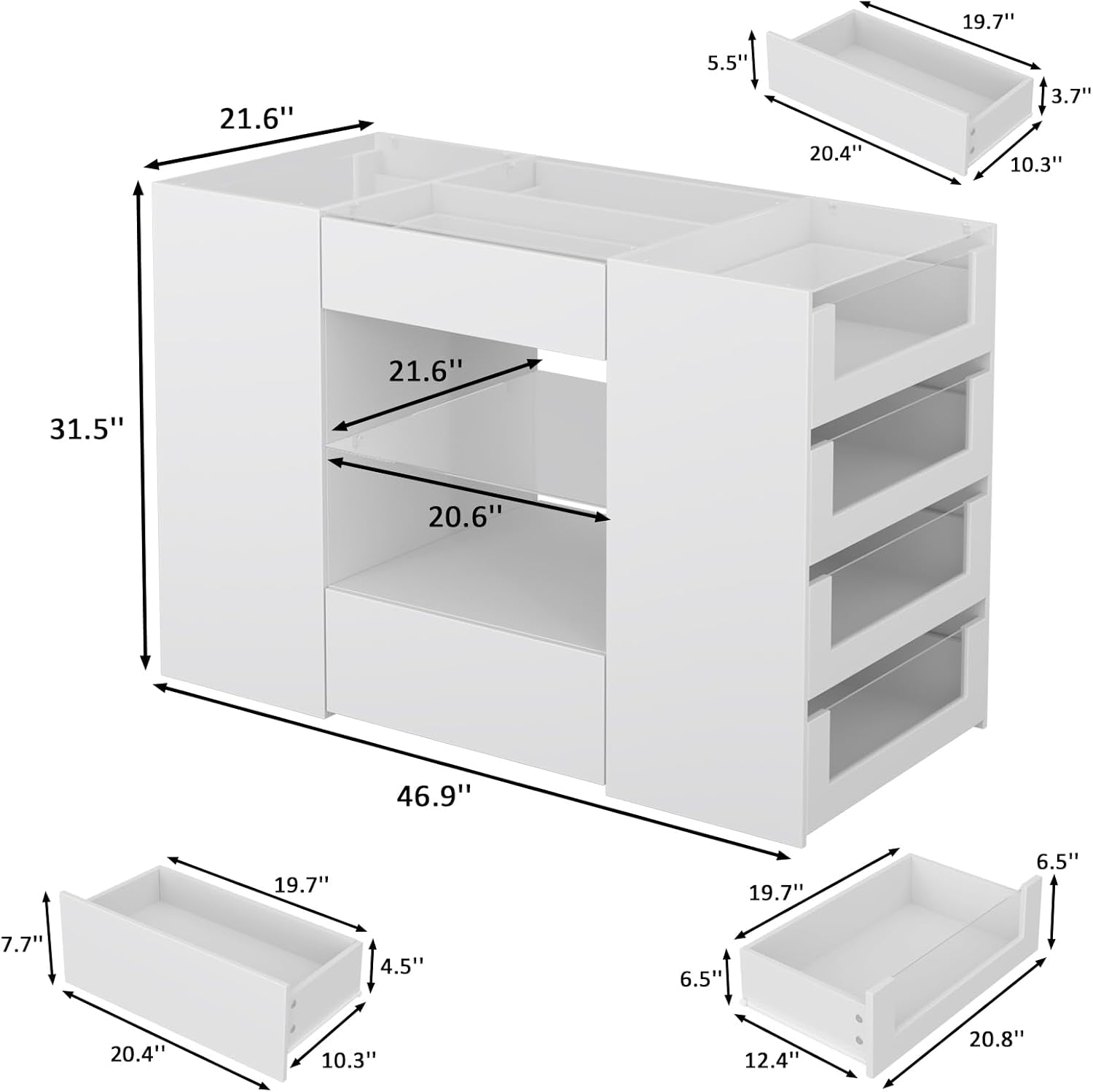 Closet Island with Drawers, Wardrobe Armoire Bedroom Island, Glass Display Shelf & 12 Drawers, White Dresser with Glass Top, Walk-In Closet Island for Bedroom, Cloakroom