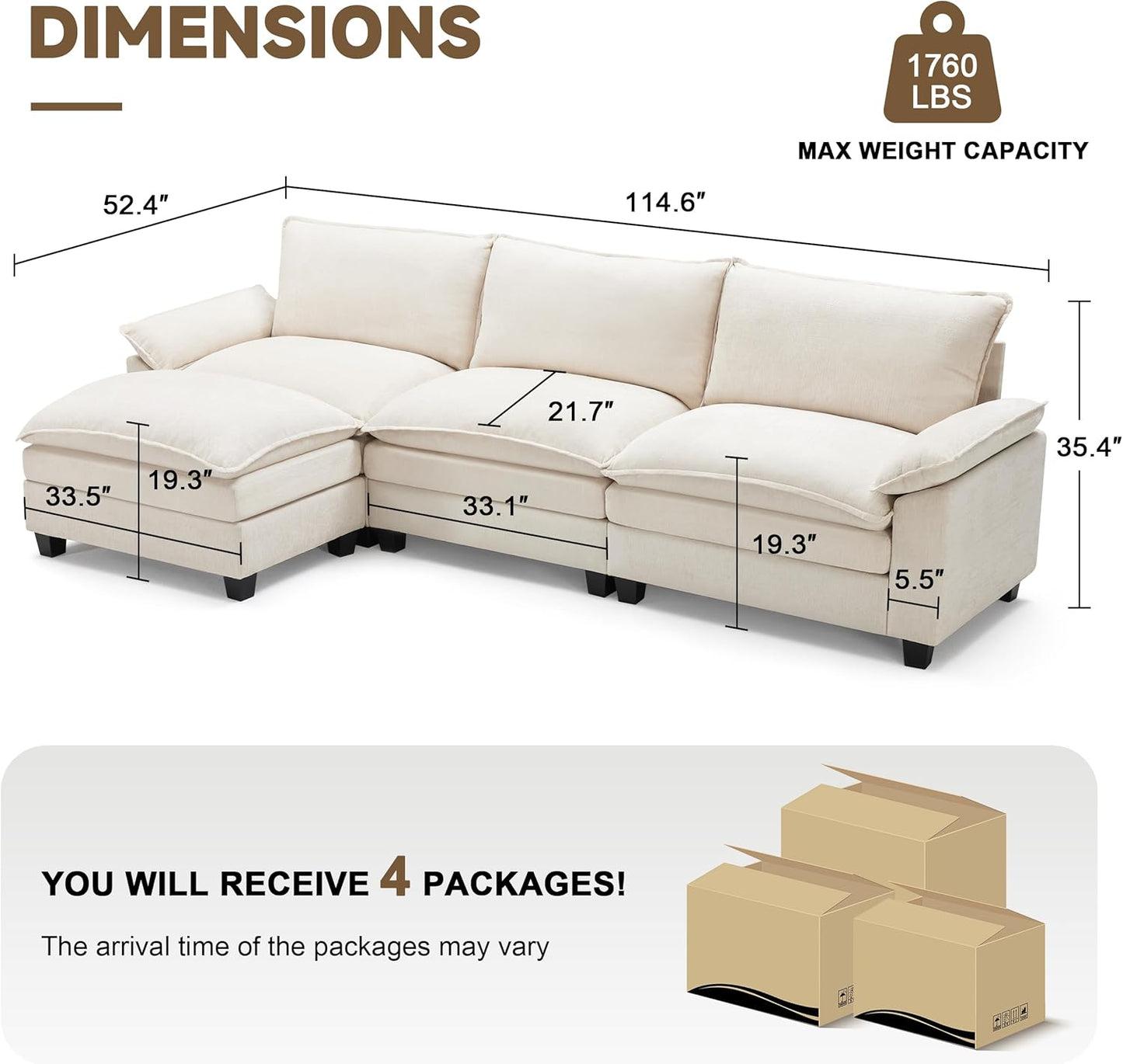 114 Inch Modular Couch Sectionals with Ottoman, Big Comfy Cloud Couches, L Shaped 4 Seat Modular Sectional Sofa, Modern Cloud Sectional Couches for Living Room, Deep Seat Sofa, Beige
