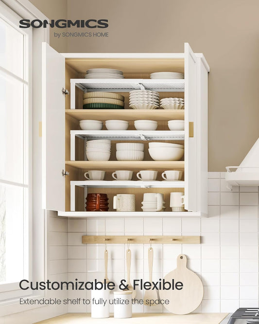 Spice Racks, Set of 2 Expandable Kitchen Countertop Shelves, Small Cupboard Organizers, Metal, Space-Saving Tabletop Shelves, Matte White UKCS402W01