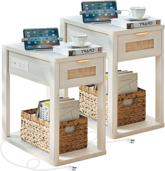 Narrow Side Table Set 2 with Charging Station,Rattan Night Stand with Drawer Storage,Natural Wood Bedside End Table with Metel Handle for Small Spaces,Boho Nightstand for Living Room Bedroom