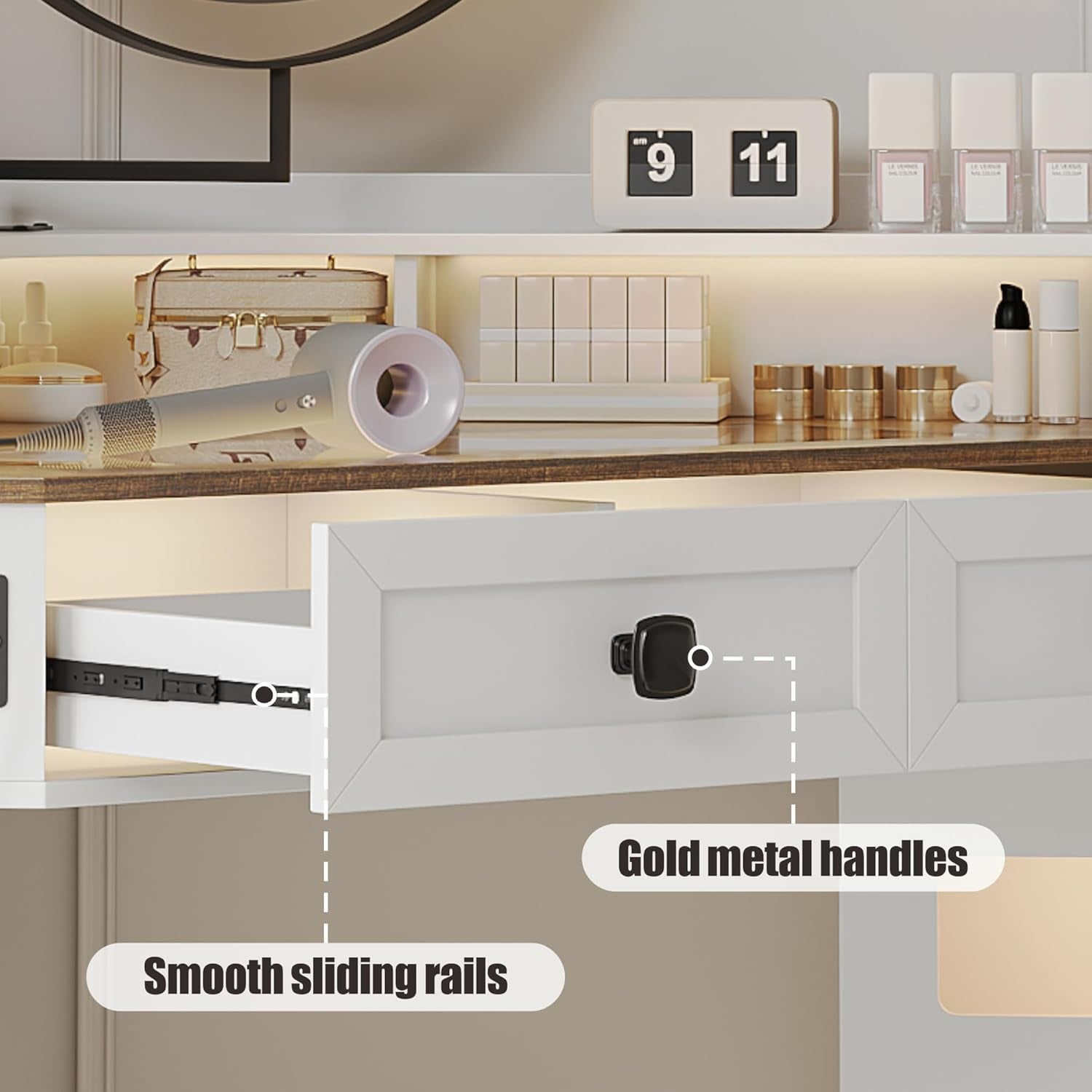 Corner Vanity Desk with Mirror and Lights, Modern Makeup Vanity with Charging Station & Human Sensor Light, Glass Top Dressing Table with 4 Drawers & Shelves for Bedroom (White)