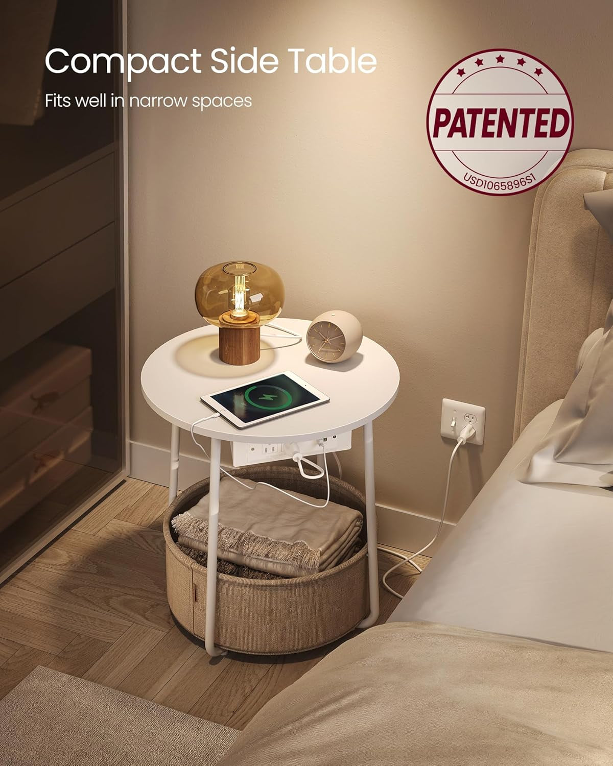 Side Table with Charging Station, round End Table with Fabric Basket, Nightstand with Power Outlets, USB Ports, for Living Room, Bedroom, Modern, Dove Gray and Slate Gray ULET228G01
