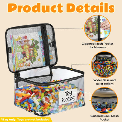 6-Pack Extra Large Toy Storage Bags with Zippers & Labels, Reusable Clear TPU Waterproof Organizer for Kids Toys, Building Blocks, Puzzles, Dolls, Board Games - Durable, Bpa-Free, Travel-Friendly