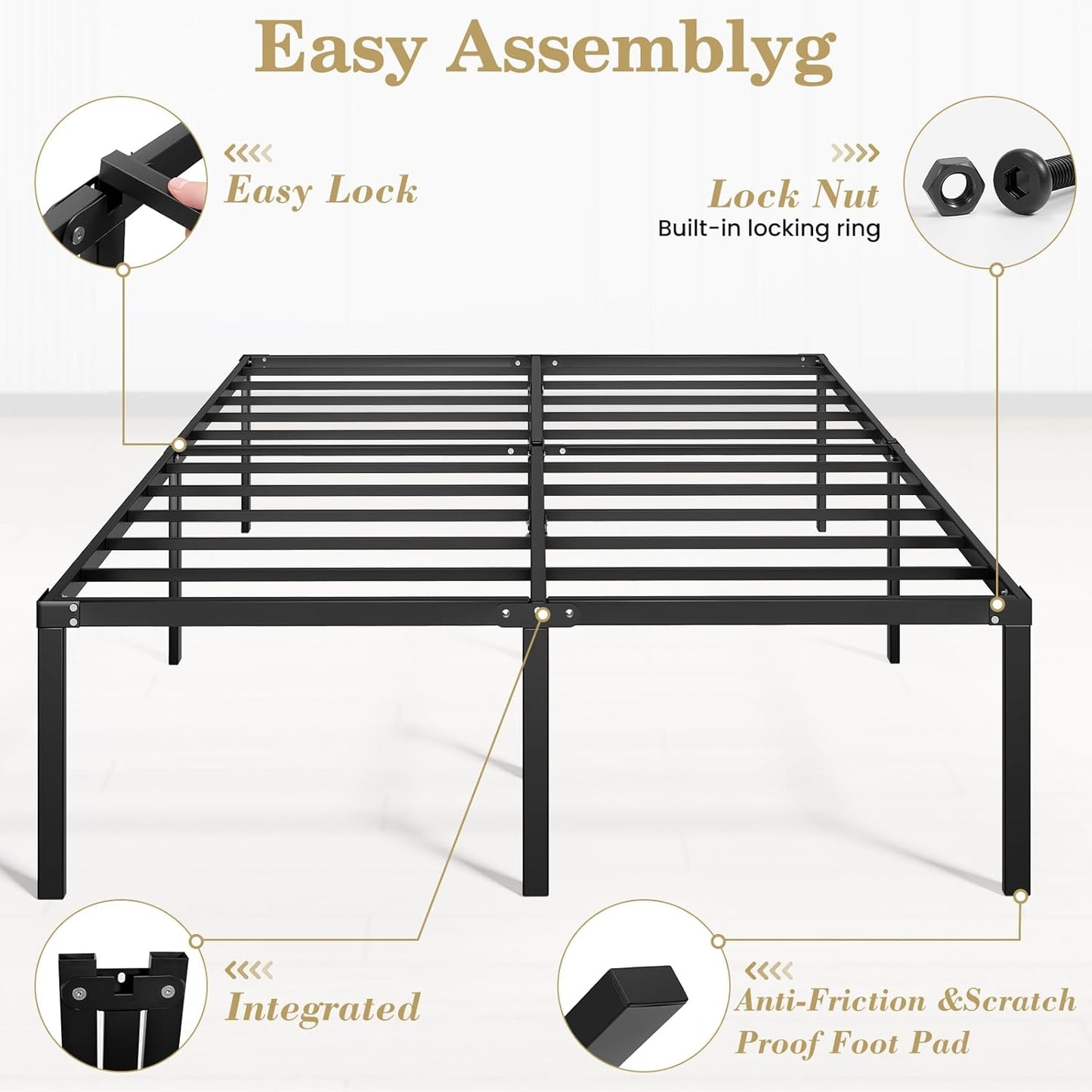 Queen Bed Frame Heavy Duty 18 Inch, Sturdy Metal Platform with Strong Bearing & under Bed Storage, No Box Spring Needed, Easy Assembly, No Shake