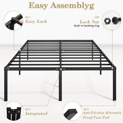 Queen Bed Frame Heavy Duty 18 Inch, Sturdy Metal Platform with Strong Bearing & under Bed Storage, No Box Spring Needed, Easy Assembly, No Shake
