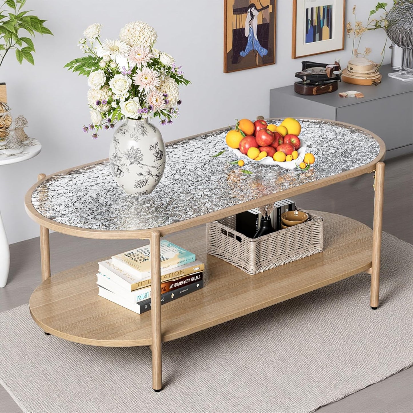 Glass Coffee Table, 44” Tea Dinner Table 2-Tier Oval Center Table Wave Pattern Tempered Glass Table Top with anti Slip Pads, for Living Room Office Cafe Reception Room Small Space Apartment