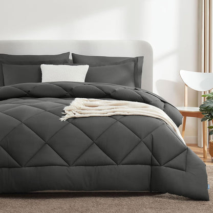Queen Comforter Set Dark Grey - Bed in a Bag Queen Size 7 Pieces, Luxury Soft Bed Set for All Seasons, Bedding Set with down Alternative Comforter, Sheets, Pillowcases & Shams