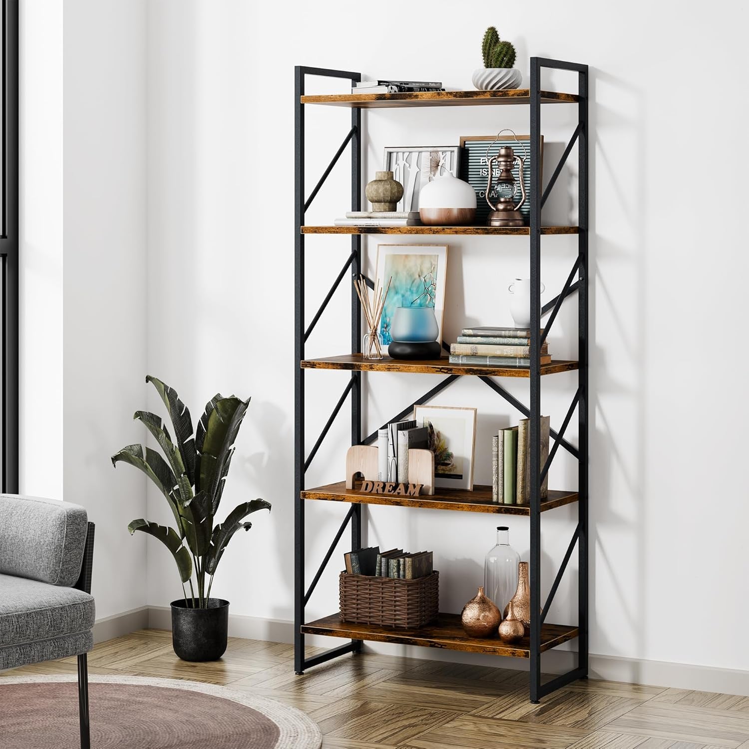 5 Tiers Bookshelf, Classically Tall Bookcase Shelf, Industrial Book Rack, Modern Book Holder in Bedroom/Living Room/Home/Office, Storage Rack Shelves for Books/Movies-Rustic Brown