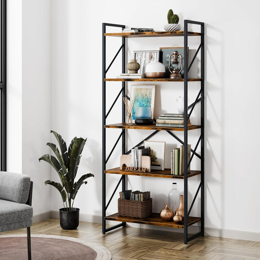 5 Tiers Bookshelf, Classically Tall Bookcase Shelf, Industrial Book Rack, Modern Book Holder in Bedroom/Living Room/Home/Office, Storage Rack Shelves for Books/Movies-Rustic Brown