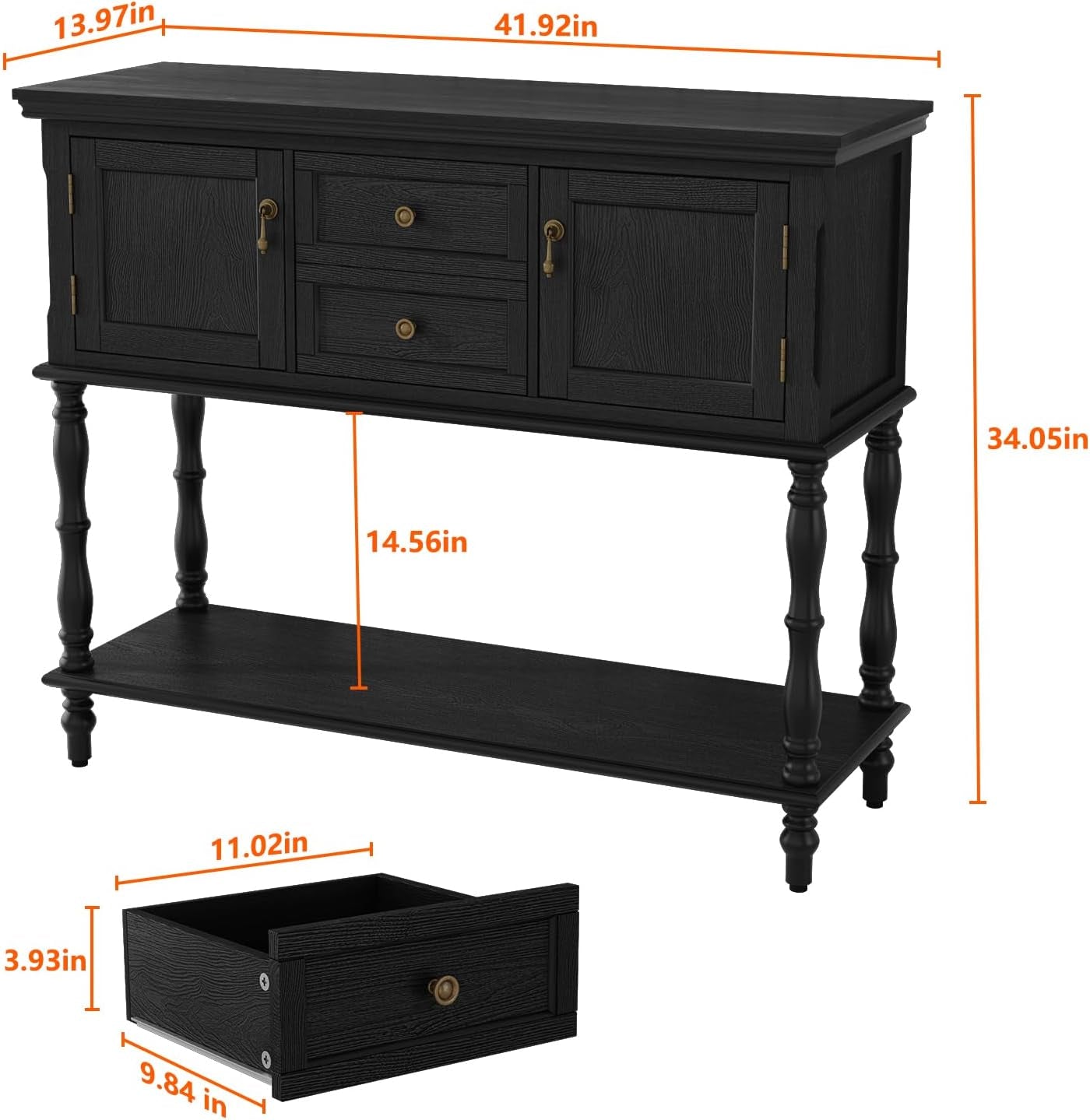Console Table with 2 Drawers, Retro Entryway Table with 2 Door Cabinets and Open Storage Shelf, Narrow Long behind Couch Sofa Table for Living Room, Foyer, Hallway, Black