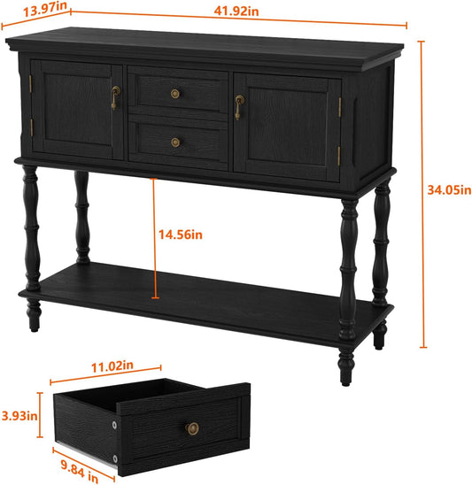 Console Table with 2 Drawers, Retro Entryway Table with 2 Door Cabinets and Open Storage Shelf, Narrow Long behind Couch Sofa Table for Living Room, Foyer, Hallway, Black