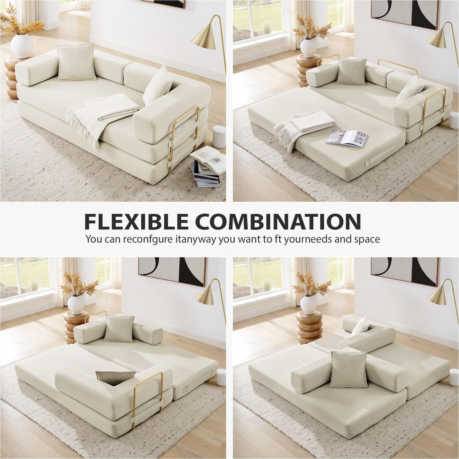 78 Inch Convertible Sleeper Sof Bed, Folding Floor Mttress Couch with Fixed-Shpe Frme, Futon Boneless Couch Lounge Loveset with Pull Out Bed, No ssembly Required (Beige)