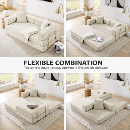 78 Inch Convertible Sleeper Sof Bed, Folding Floor Mttress Couch with Fixed-Shpe Frme, Futon Boneless Couch Lounge Loveset with Pull Out Bed, No ssembly Required (Beige)