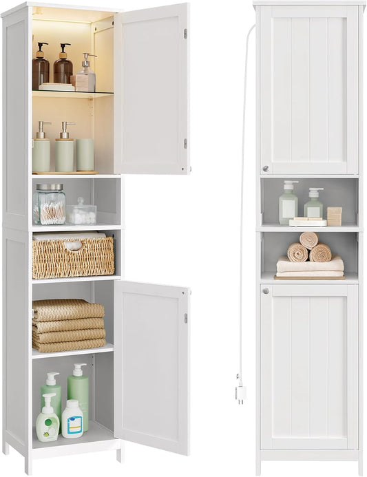 Tall Bathroom Cabinet with Lights, Slim Freestanding Bathroom Storage Cabinet with Adjustable Shelves, for Small Spaces, Modern, 15.7 Inches Wide, Cloud White UBBC766W02