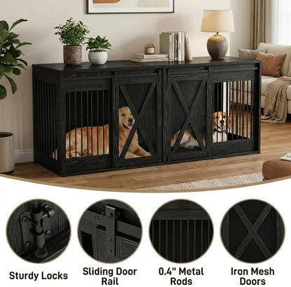 94.5In XXXL Double Dog Crate Furniture, Farmhouse Dog Kennel TV Stand for 2 Large Dogs, Heavy Duty Dog Cage Extra Large Breed with Divider & Sliding Metal Barn Door, Black