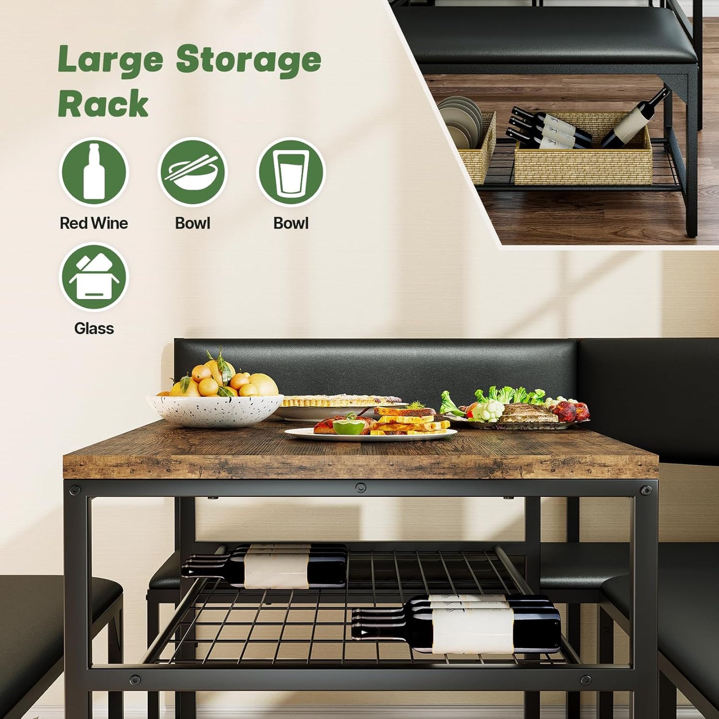 Kitchen Breakfast Nook Table Set with Soft Seat, Corner Dining Table Set for 4-6 People, Dining Room Sets for 4, Space Saving Kitchen Booth Seating with Table for Small Space, Coffee Brown