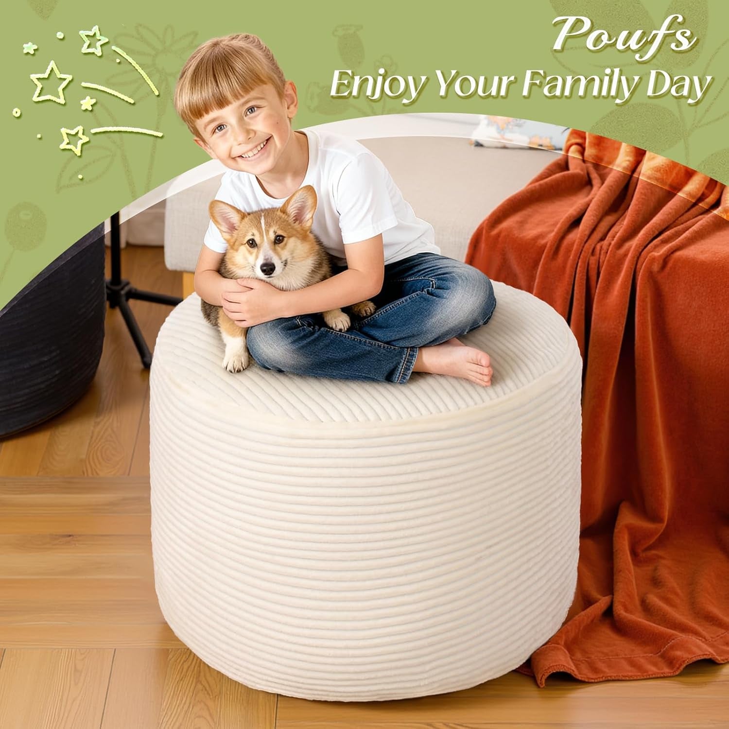 Round Corduroy Ottoman Foot Rest Pouf for Living Room Couch - Soft Plush Shredded Foam Filled Hassock Stool, Comfy Footstool