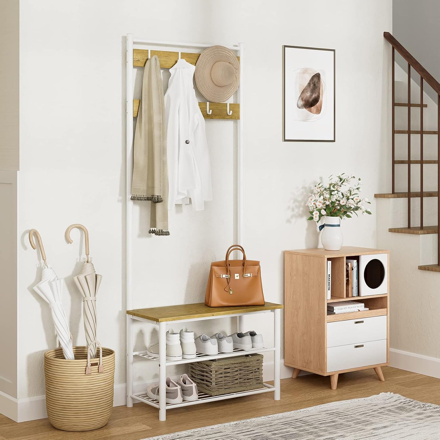 Hall Tree with Bench and Shoe Storage, 3-In-1 Coat Rack Shoe Bench, Freestanding Wooden Coat Rack with Metal Frame, 3-Tier Storage Shelf and 9 Removable Hooks, White/Walnut