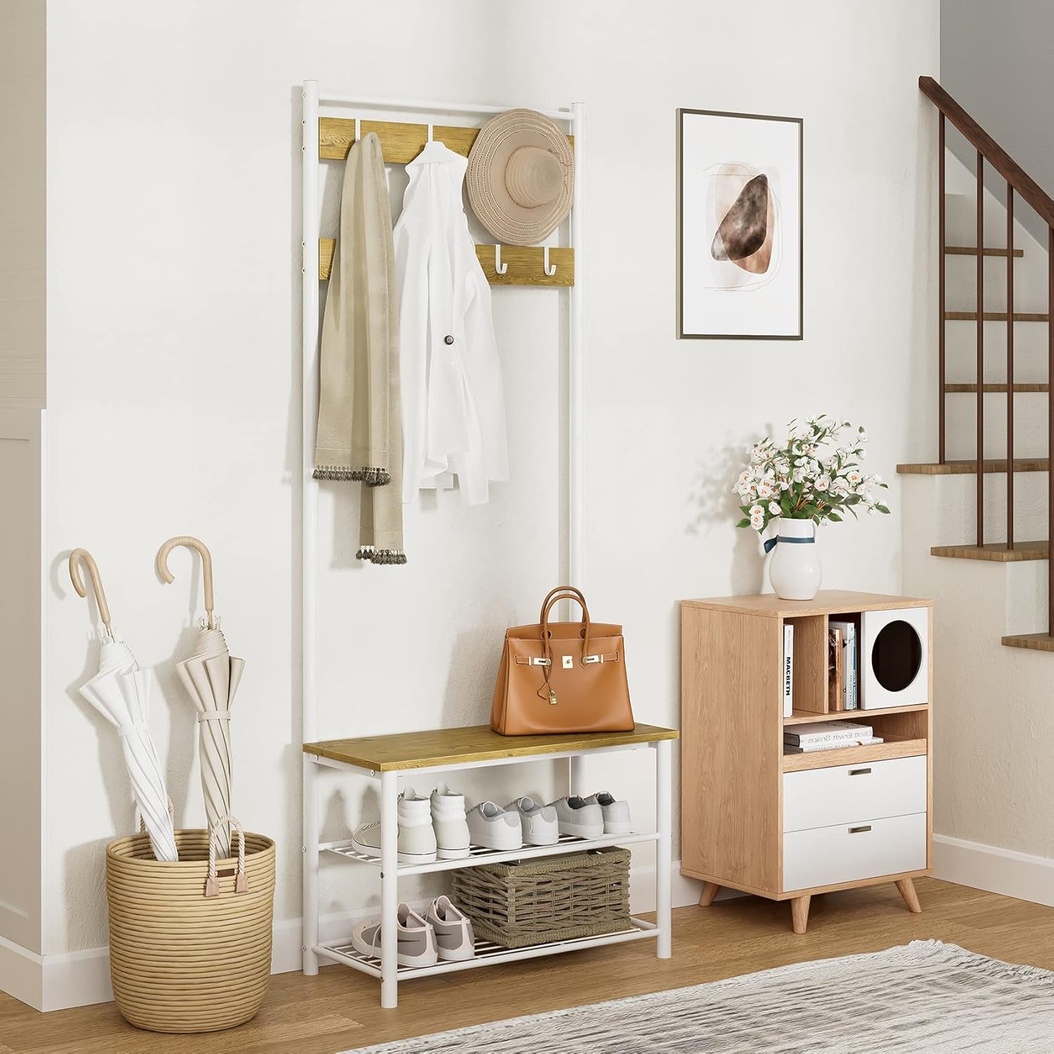 Hall Tree with Bench and Shoe Storage, 3-In-1 Coat Rack Shoe Bench, Freestanding Wooden Coat Rack with Metal Frame, 3-Tier Storage Shelf and 9 Removable Hooks, White/Walnut