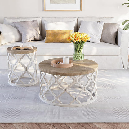 Farmhouse Coffee Table, French Country round Coffee Table, Coastal Coffee Table with Distressed Top, Boho Coffee Table with Curved Motif Frame Base for Living Room, Dining Room, Bedroom