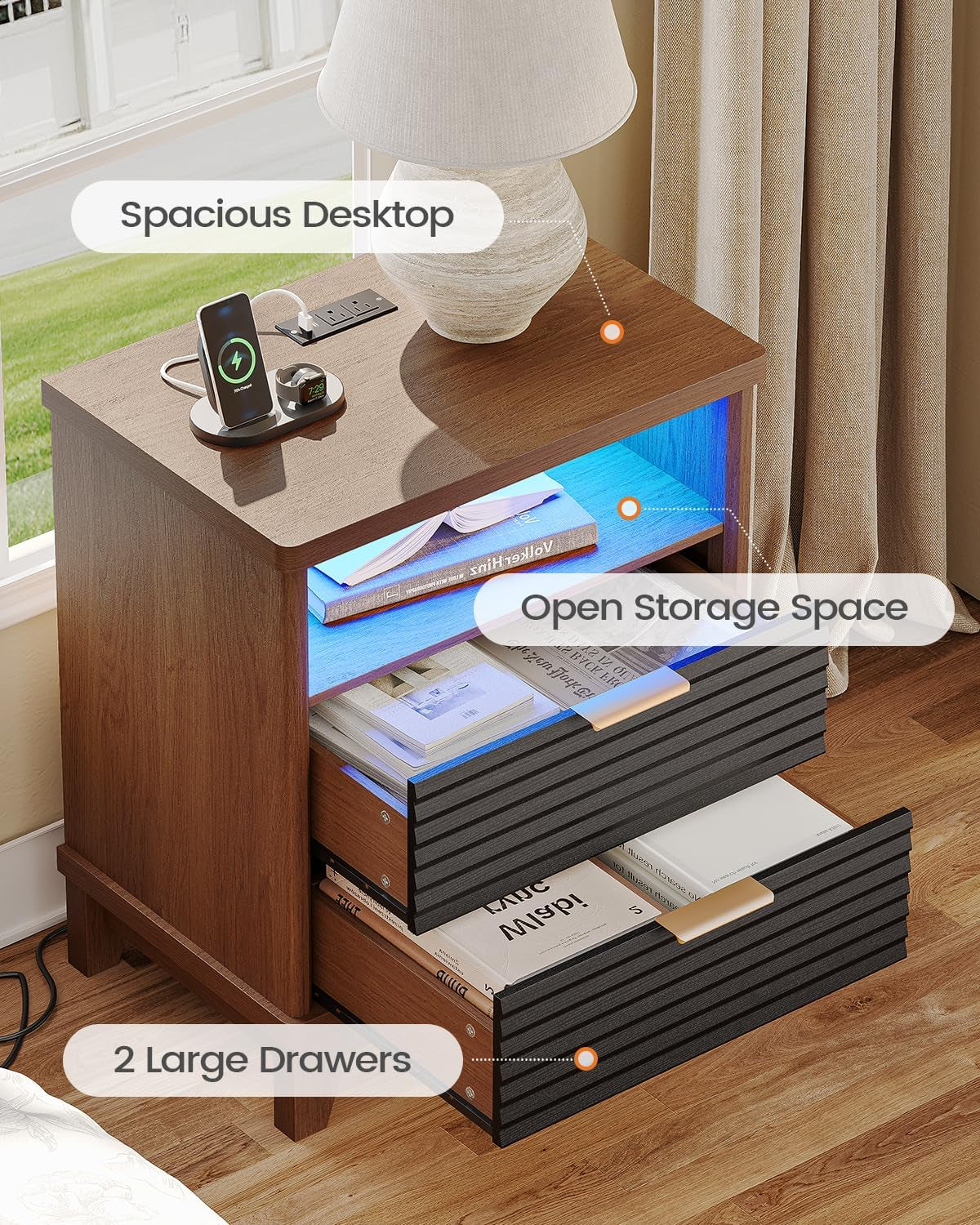 Fluted Night Stand Set of 2 with Charging Station and 2 Drawers, Black Nightstands Set of 2, beside Table with Open Storage and Led Lights, Retro End Side Table for Bedroom, Black