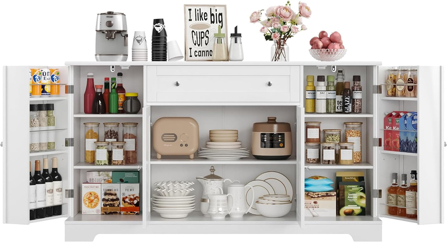 54" Buffet Cabinet with Storage, Modern Kitchen Buffet Sideboard with Drawer, Wood Coffee Bar Station with Adjustable Shelves, Kitchen Storage Cabinet for Living Room, White