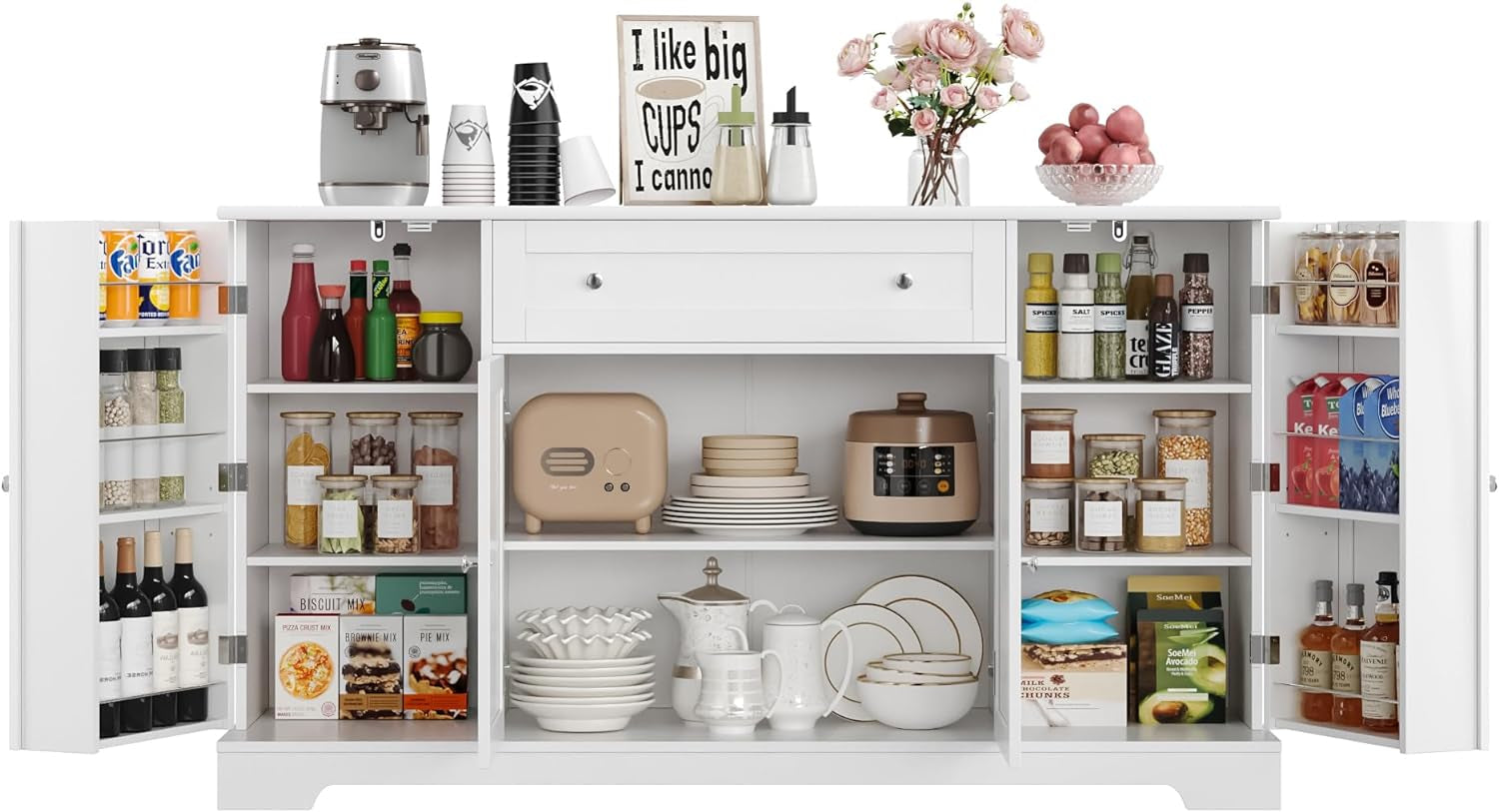 54" Buffet Cabinet with Storage, Modern Kitchen Buffet Sideboard with Drawer, Wood Coffee Bar Station with Adjustable Shelves, Kitchen Storage Cabinet for Living Room, White