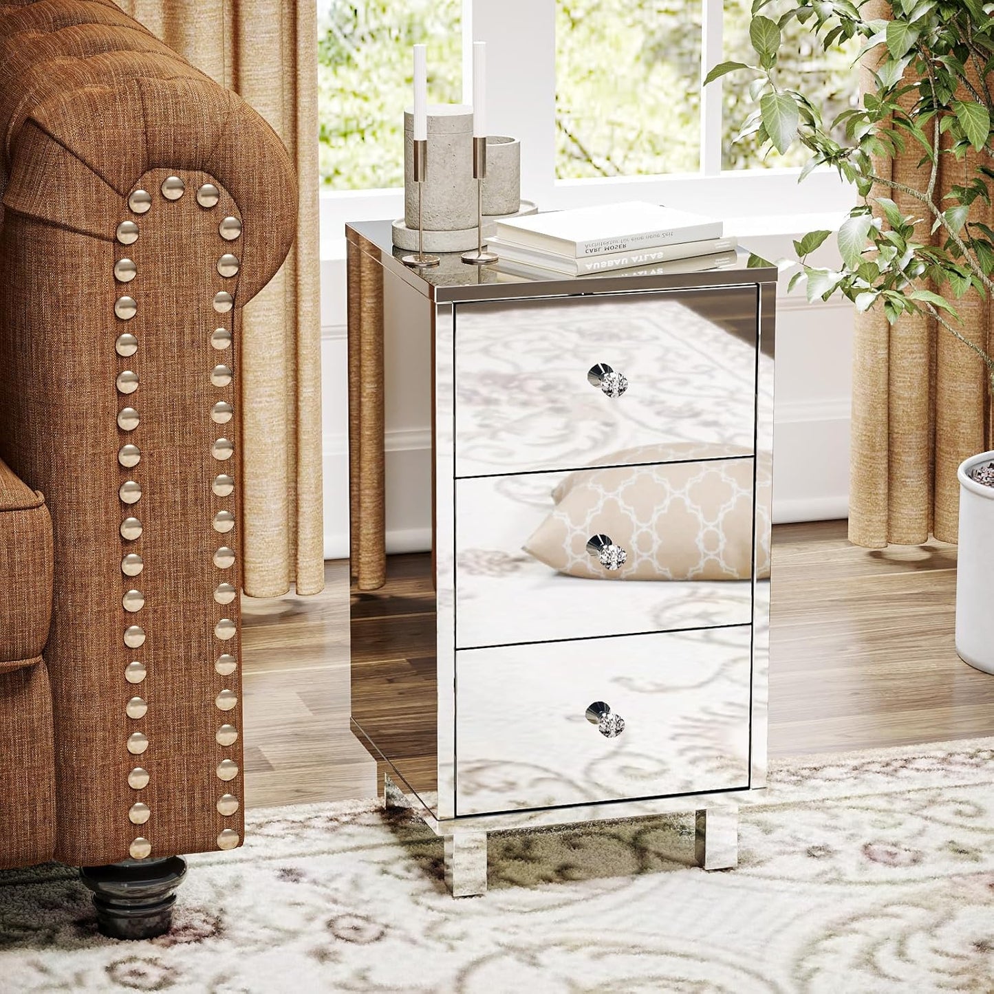 Mirror-Look Nightstands Set of 2, Silver Nightstand with 3 Drawers, Night Stand for Bedroom, Faux Mirrored Nightstand, 11.8" W*11.8" D*23.5" H
