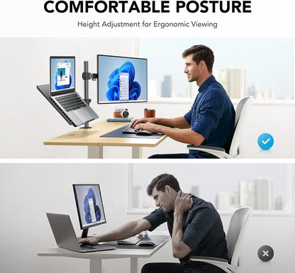 Adjustable Monitor Stand, Single Arm Desk Mount for 32 Inch Screen and 17 Inch Laptop, Heavy Duty Ergonomic Bracket Holds 22Lbs