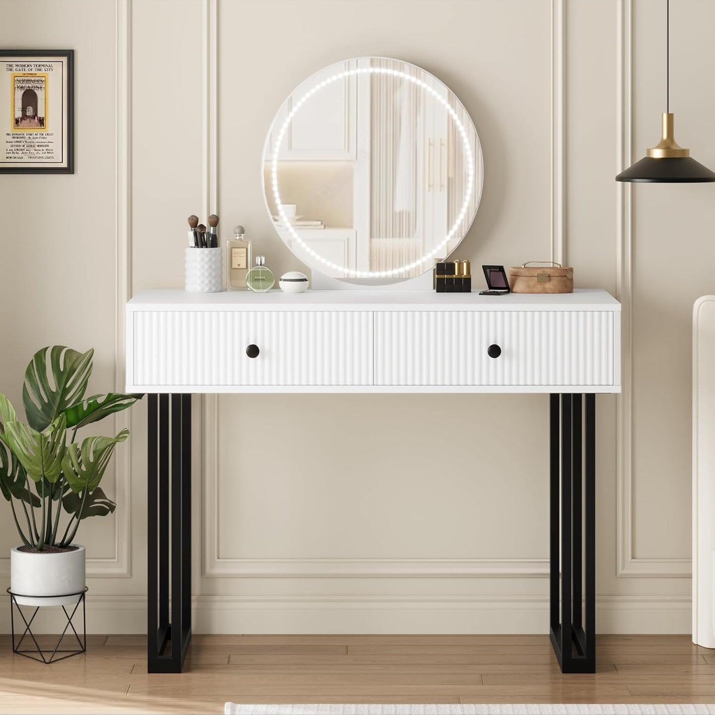 White Vanity Desk with Mirror and Lights, Small Makeup Vanity with 2 Drawers, Modern Vanity Organizer with 3 Color Lights＆Adjustable Brightness, Dressing Table for Bedroom