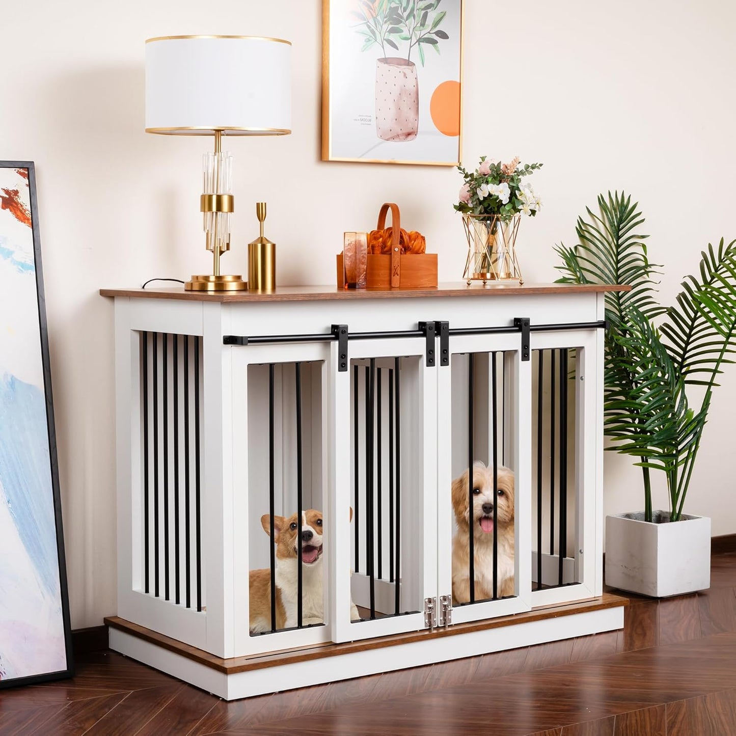 Dog Crate Furniture with Divider,Wooden Dog Kennel End Table,Large Breed Dog House Indoor for One Large Dog or Two Small Dogs,Double Doors,White,47''W*24''D*35''H