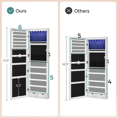 6 Leds Mirror Jewelry Cabinet, 47.2-Inch Tall Lockable Wall or Door Mounted Jewelry Armoire Organizer with Mirror, 2 Drawers, 3.9 X 14.6 X 47.2 Inches, White UJJC93W