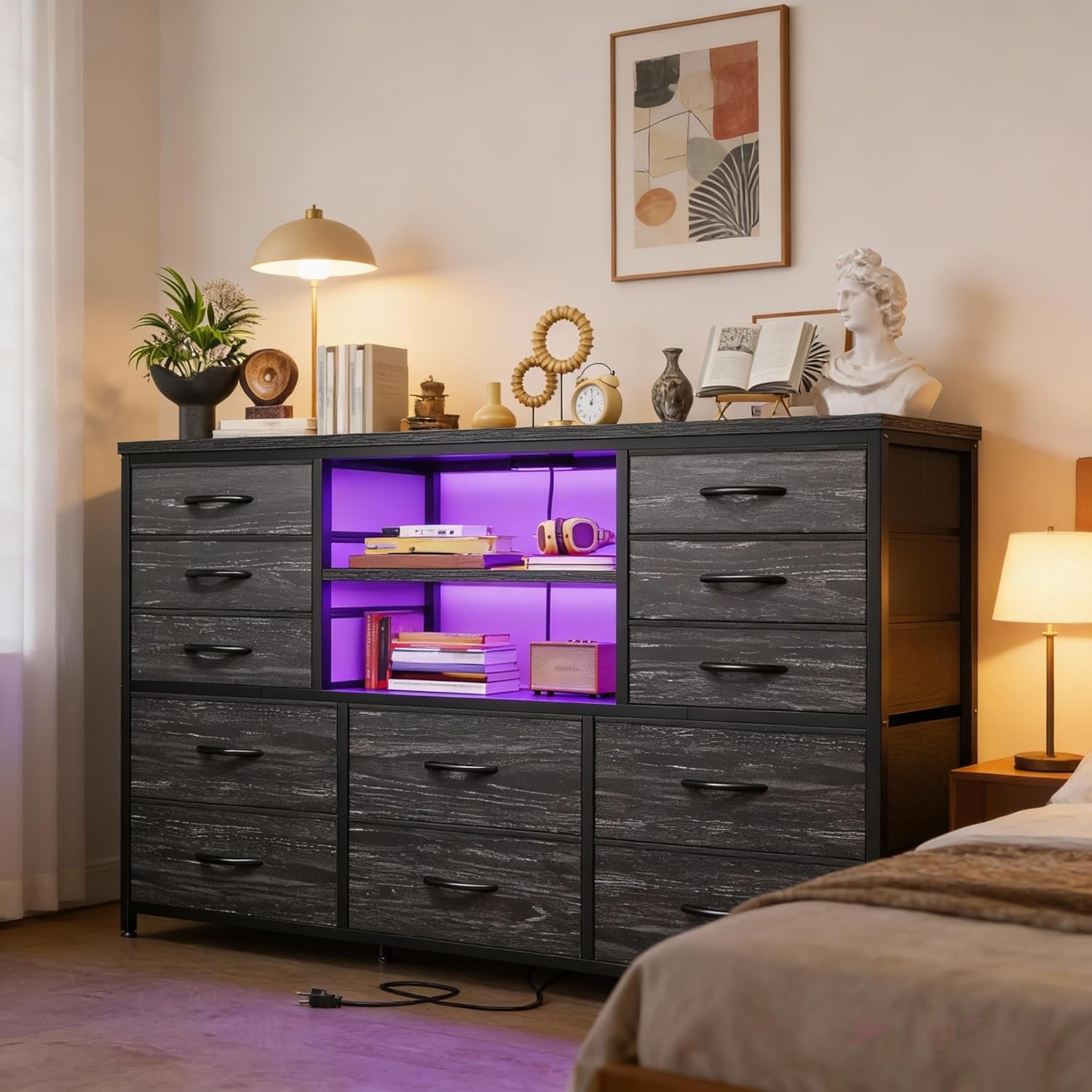 Black Dresser with LED Lights & Charging Station, TV Stand for 60'' TV, Wide Dressers & Chest of Drawers with Open Shelves, Living Room, Hallway, Study
