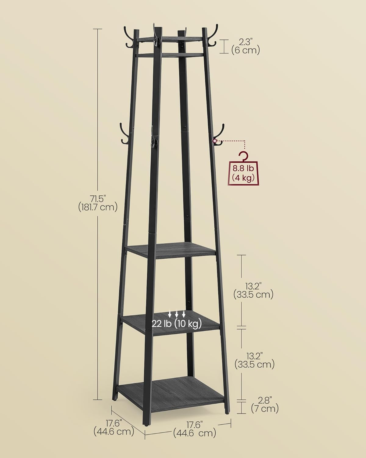 Coat Rack, Coat Stand with 3 Shelves, Hall Tree Free Standing with Hooks for Scarves, Bags, Umbrellas, Steel Frame, Industrial Style, for Entryway, Living Room, Rustic Brown and Black ULCR80X