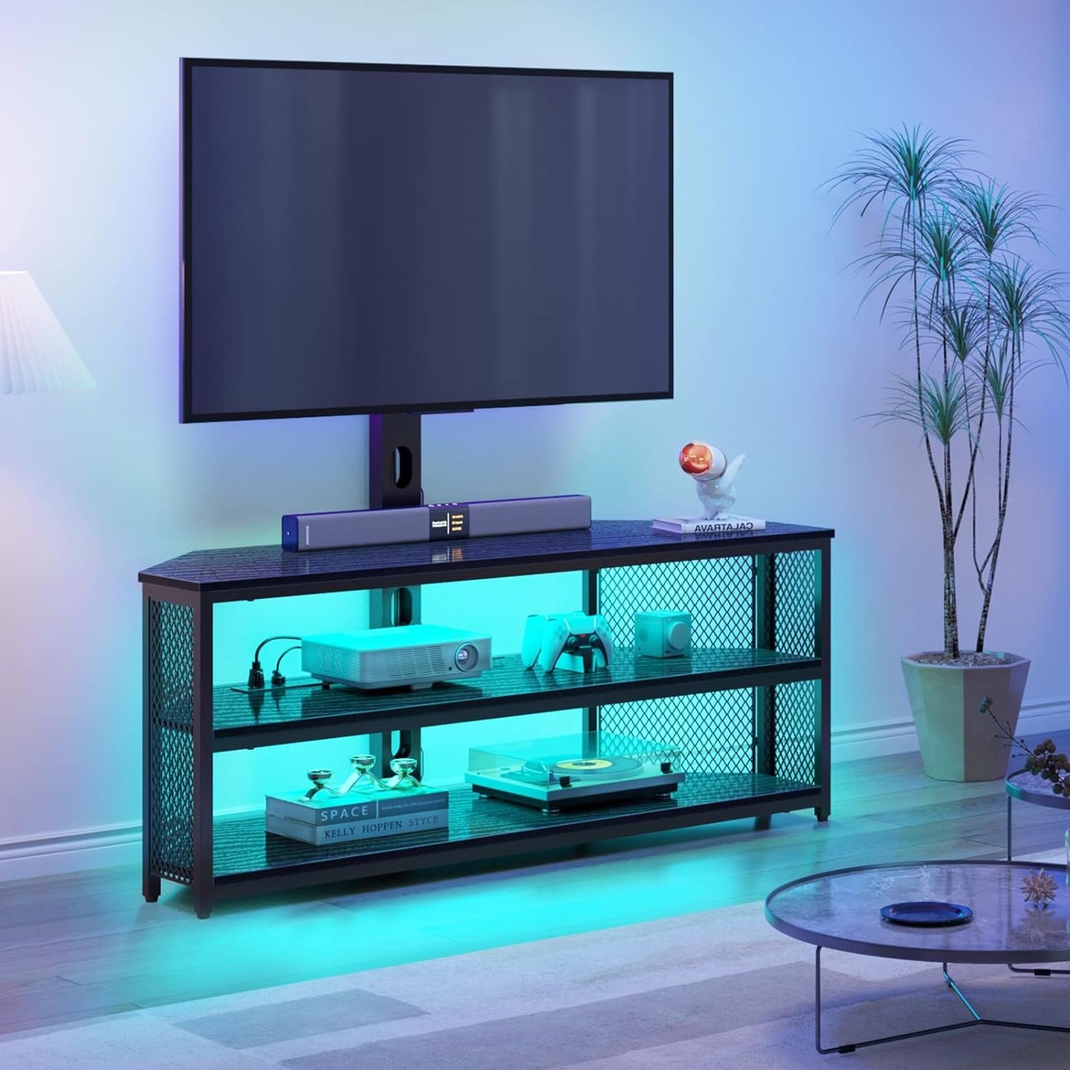 TV Stand with Mount and Power Outlet, Swivel TV Stand with LED Lights for 32/45/55/60/65/70 Inch Tvs, Black Entertainment Center Media Console with Height Adjustable Mount