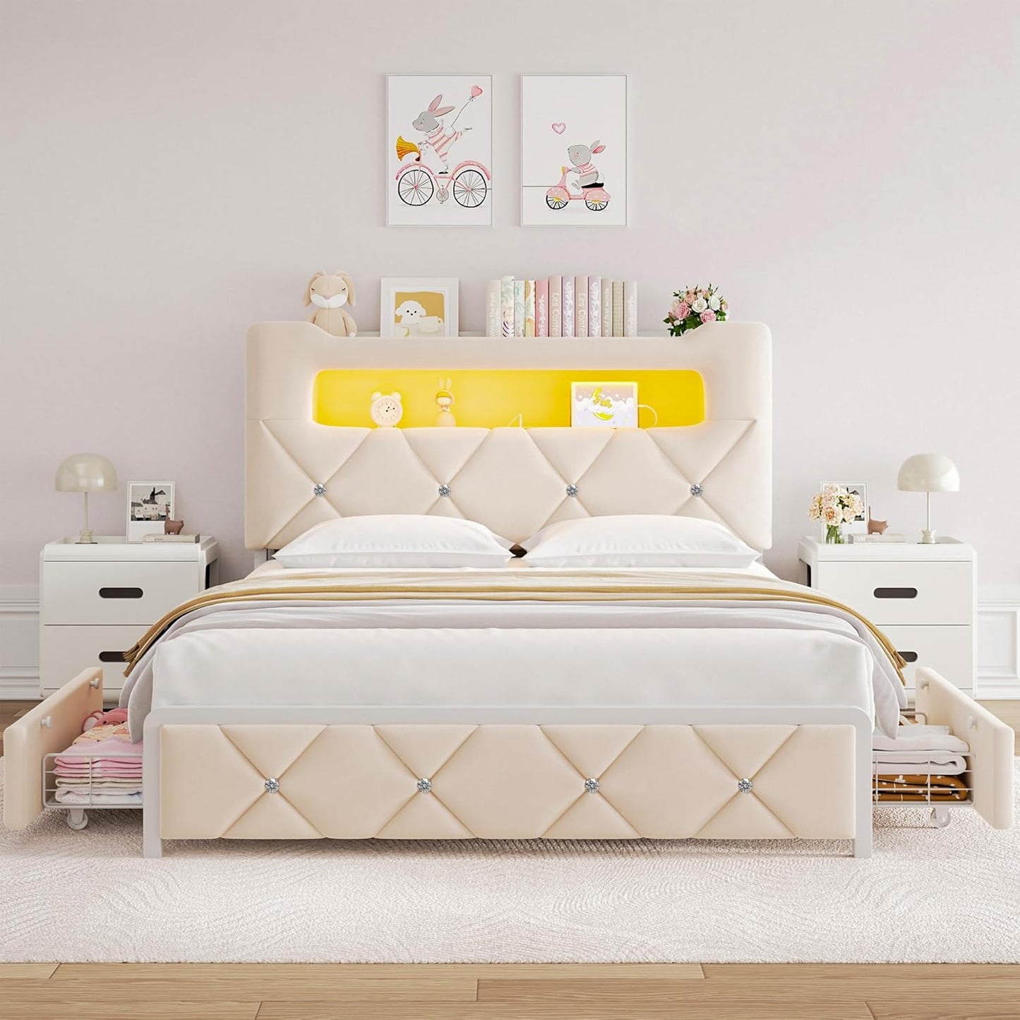Full Upholstered LED Bed Frame with 2 Storage Drawers and 2-Tier Storage Headboard, Velvet Princess Platform Bed with Charging Station & Bookcase, Corner Bed Frame, Heavy Duty Metal Support, Beige