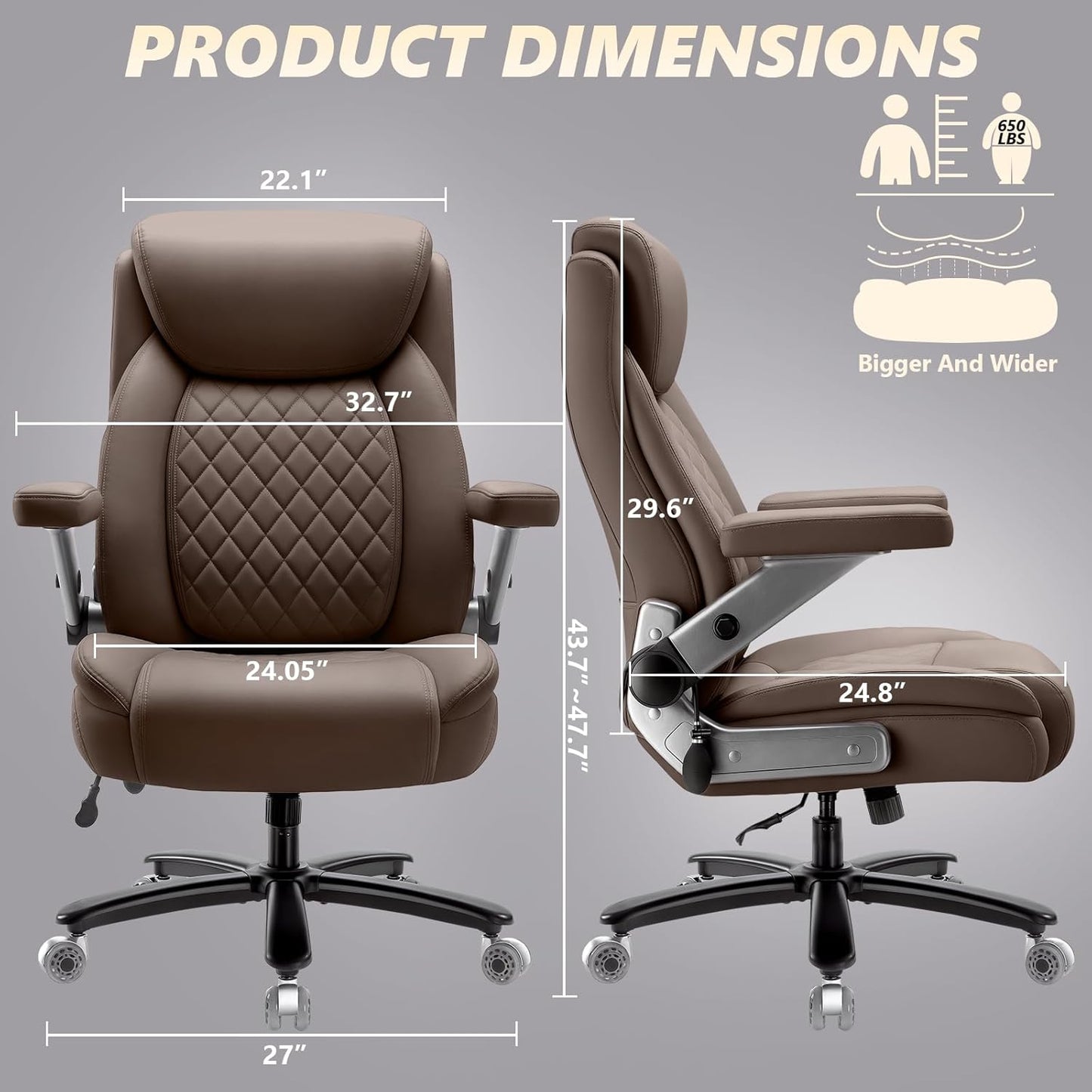 650LBS Big and Tall Office Chair with 5D Flip Arms and Thick Pocket Spring Cushion, Extra Wide Heavy Duty Office Chair with Adjustable Lumbar Support, Large High Back Computer Chair Dual Rubber Wheel