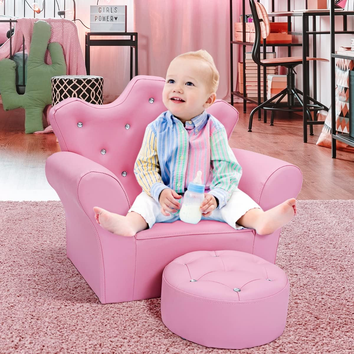 Kids Sofa, Children Upholstered Sofa with Ottoman, Princess Sofa with Diamond Decoration, Ottoman, Smooth PVC Leather Toddler Chair, Kids Pink Couch for Preschool Boys and Girls Gift (Pink)