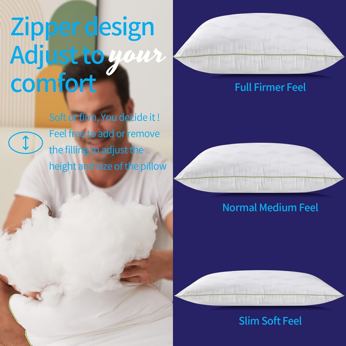 Bed Pillows King Size Set of 2,For Sleeping, Adjustable King Pillows 2 Pack with Zipper, Cooling Hotel Quality with Premium Soft down Alternative Fill