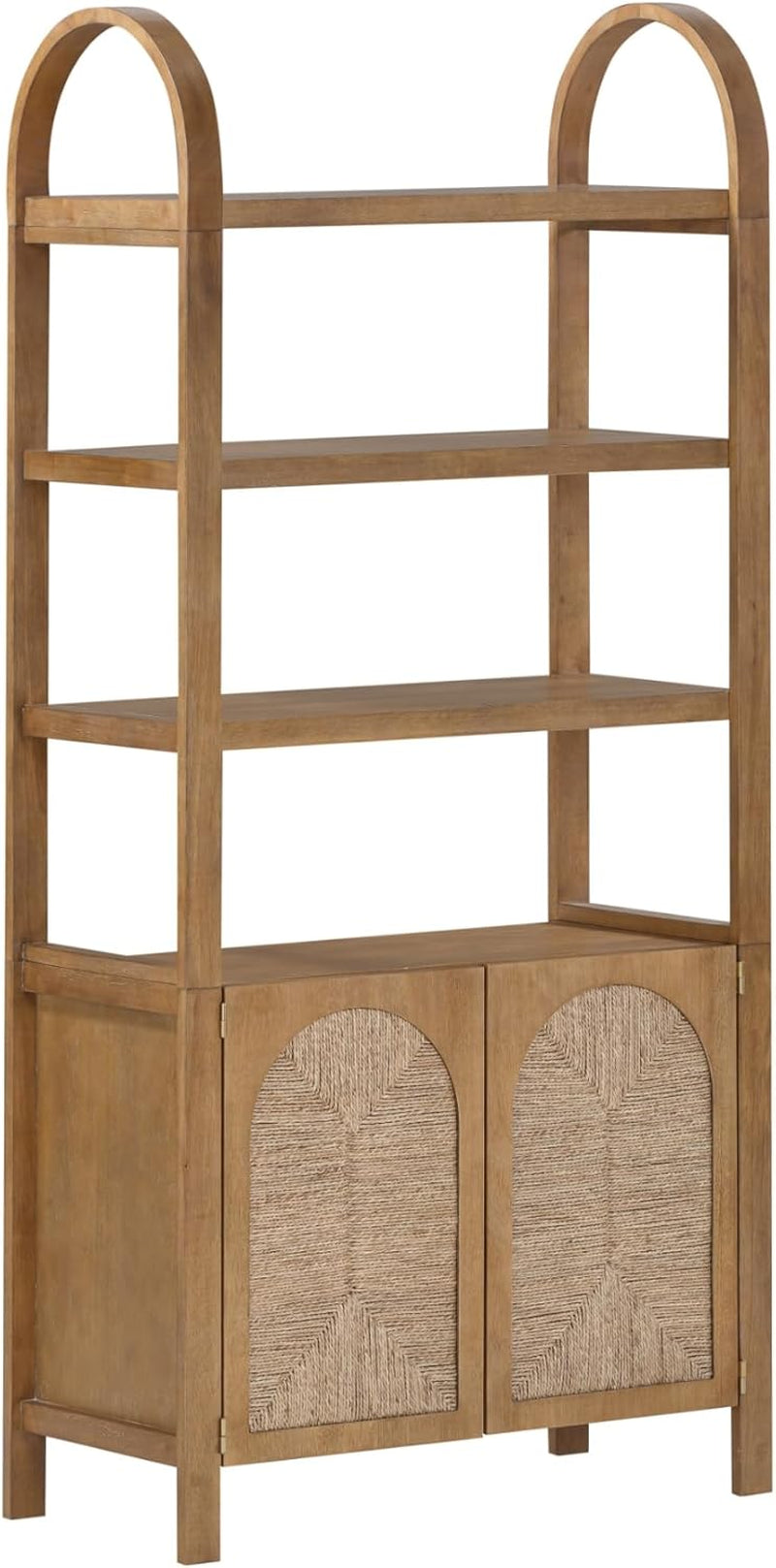 Leah Arched Bookcase, 3-Tier Bookshelf with Storage Cabinet Base, Seagrass Door Fronts and Solid Wood Frame, Light Brown