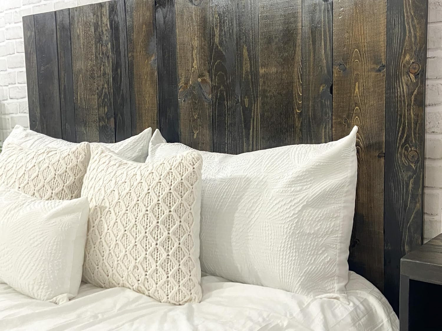 - King Size Headboard, Solid Wood Wall-Mounted Panels, Black Barrel Stain with Natural Wood Grain Variation, Rustic Modern Design, Durable, Fits King & Adjustable Beds, Bed Headboards