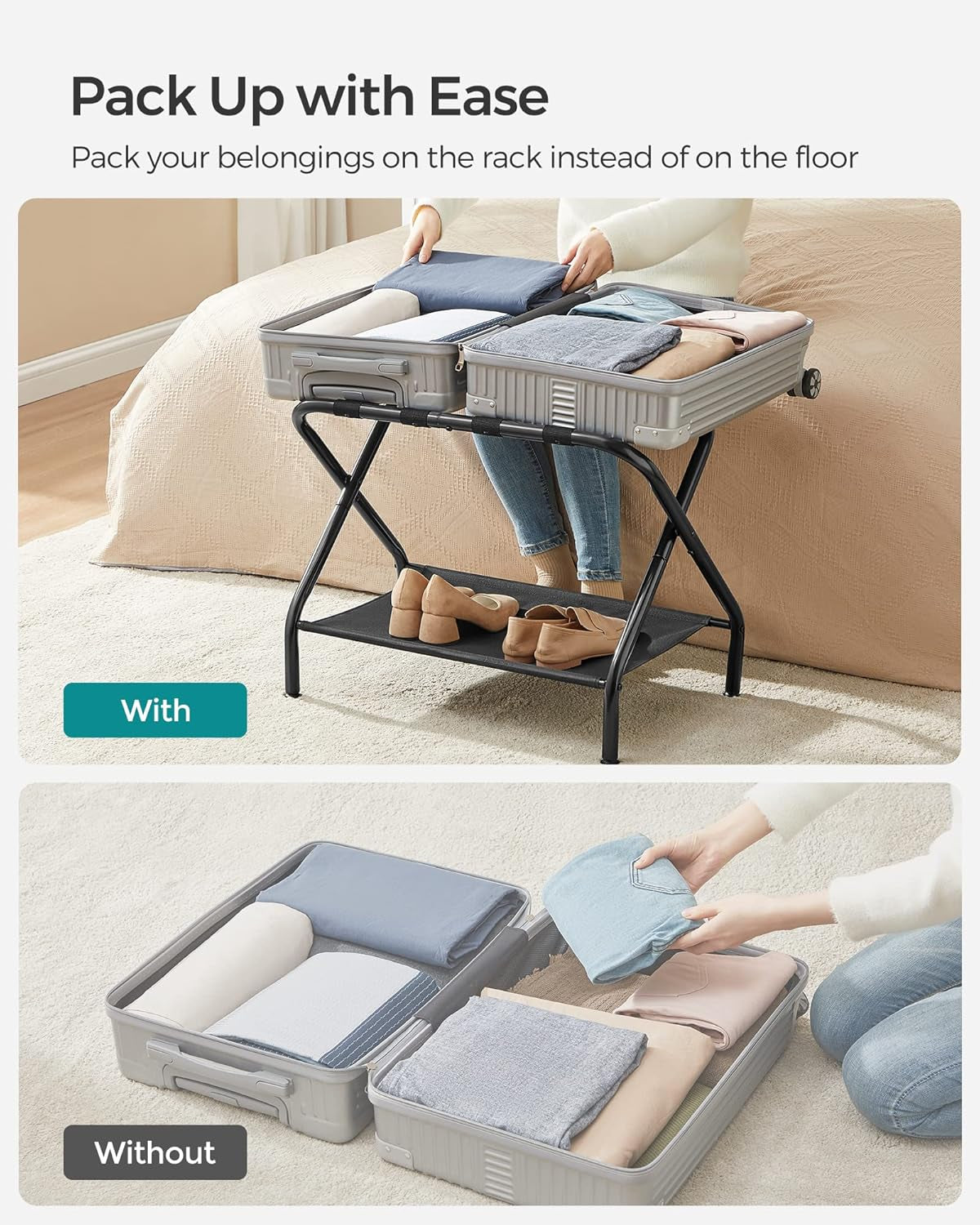 Luggage Racks, Set of 2, Suitcase Stand with Fabric Storage Shelf, for Guest Room, Bedroom, Hotel, Foldable Steel Frame, Holds up to 110 Lb, 27.2 X 15 X 20.5 Inches, Black URLR002B02